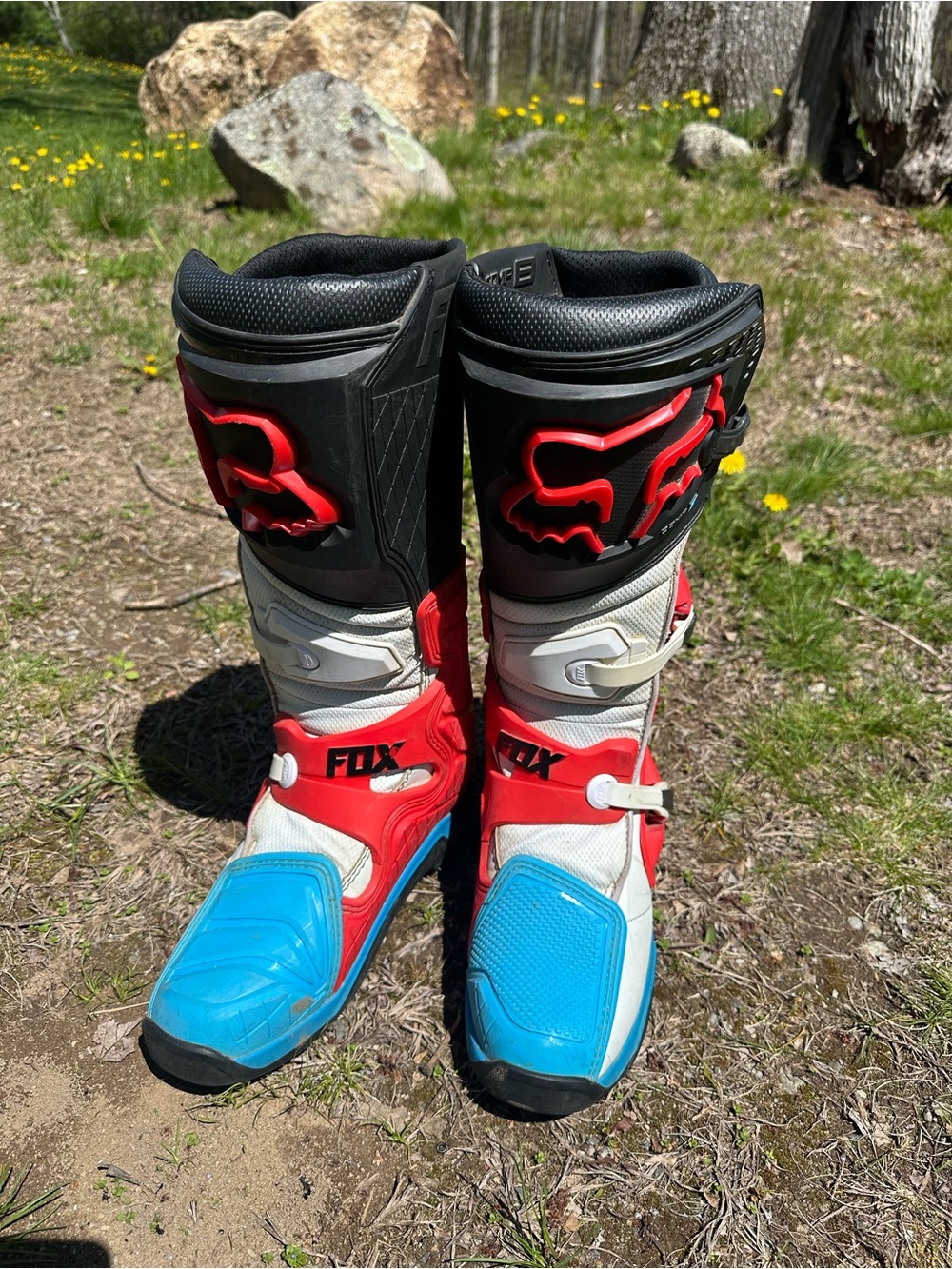 Fox Motocross Boots — Red, Blue, White